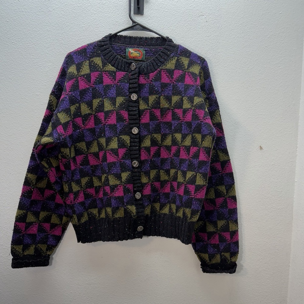 ALPS Fine Womens Apparel Pullover Size L Geometric Sweater 100% Pure Wool Button